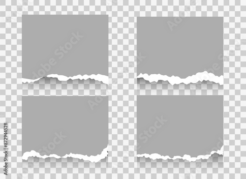 Set of various Torn Notebook Sheet. White and grey ripped paper notes, stickers, sticky sheets and tape. Vector illustration in flat style. Trendy elements for collage.