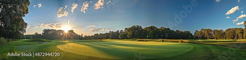 Sunset Over a Golf Course Green in a Picturesque Setting