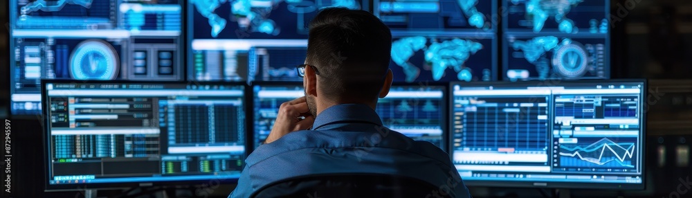 Obraz premium A cybersecurity specialist monitors multiple computer screens in a control room, analyzing data, tracking threats, and ensuring network security.