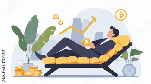 Passive income and market investing flat vector illustration. Investor man relax in chair and get money profits