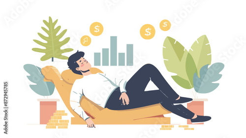 Passive income and market investing flat vector illustration. Investor man relax in chair and get money profits