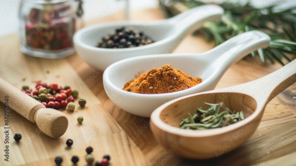 Assortment of Spices and Herbs in White Bowls Assortment of Spices and Herbs in White Bowls