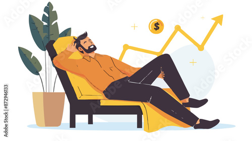 Passive income and market investing flat vector illustration. Investor man relax in chair and get money profits