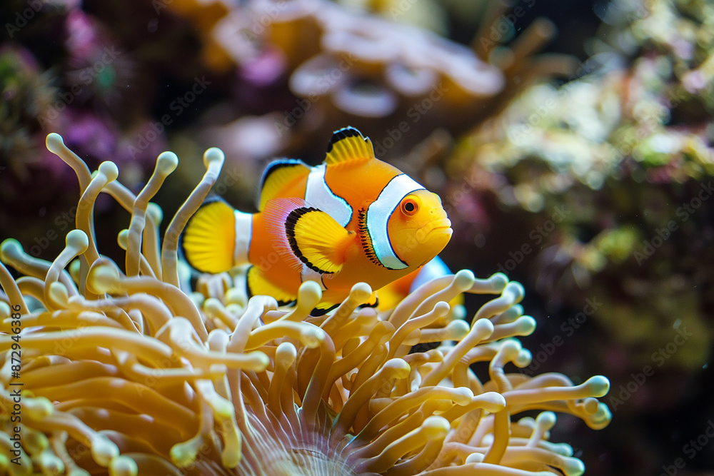 A close-up of a clownfish nestled in sea anemones, showcasing the intricate and colorful details of underwater marine life. A close-up of a clownfish nestled in sea anemones, showcasing the intricate and colorful details of underwater marine life.