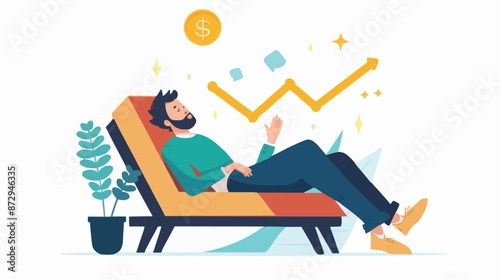 Passive income and market investing flat vector illustration. Investor man relax in chair and get money profits