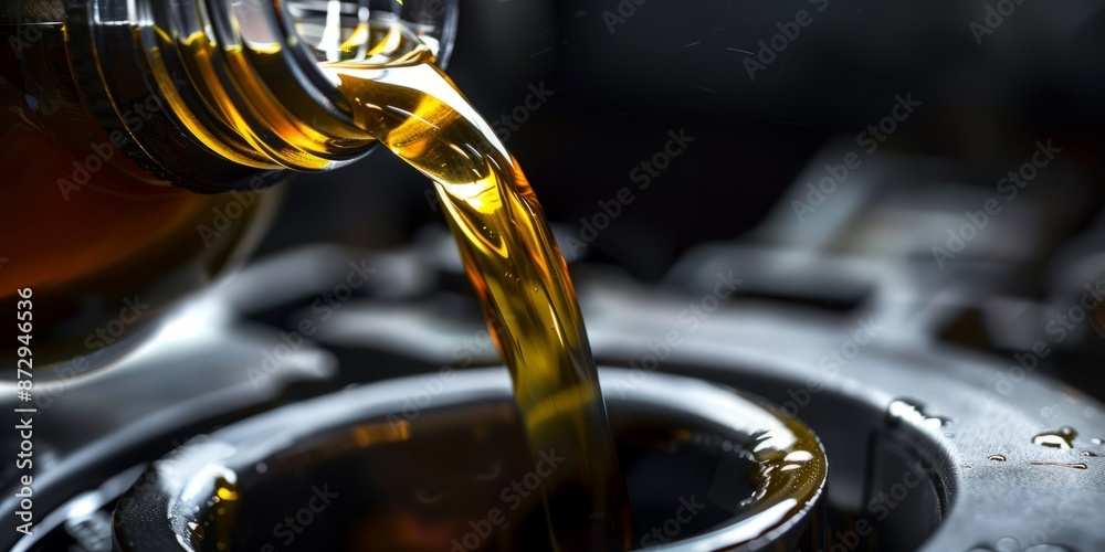 Refueling and pouring oil quality into the engine motor car Transmission and Maintenance Gear. Closeup on golden oil. Refueling and pouring oil quality into the engine motor car Transmission and Maintenance Gear. Closeup on golden oil.