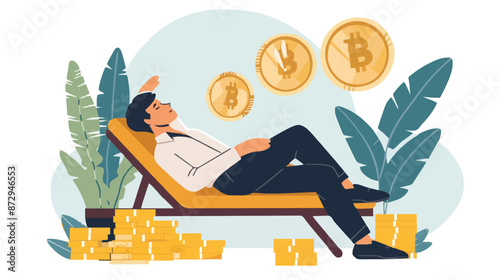 Passive income and market investing flat vector illustration. Investor man relax in chair and get money profits