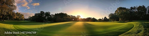 Sunset Over a Golf Course Green in a Picturesque Setting