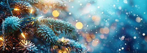 Winter background with a snow-covered tree, bokeh and copy space for text. Winter magic. Christmas wallpaper. New Year's garland decoration. Shiny lights in the sky. Golden, blue and white colors. 