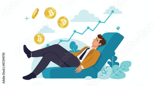 Passive income and market investing flat vector illustration. Investor man relax in chair and get money profits