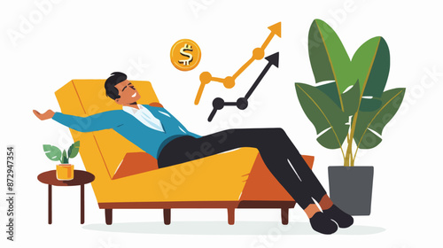 Passive income and market investing flat vector illustration. Investor man relax in chair and get money profits