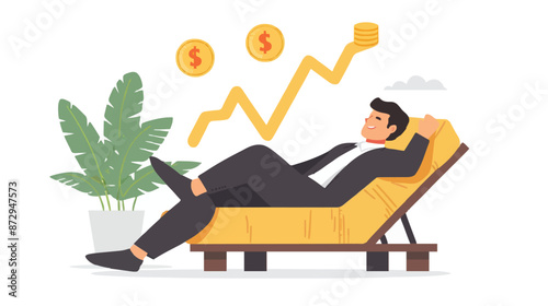 Passive income and market investing flat vector illustration. Investor man relax in chair and get money profits