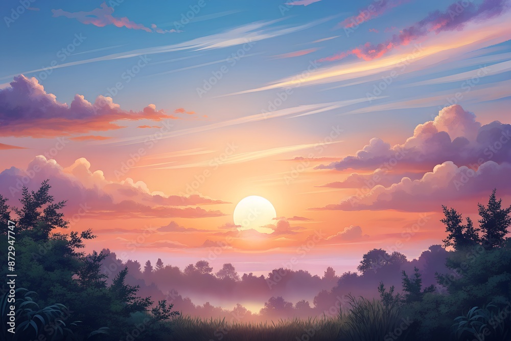 Fototapeta premium A bright, dazzling rising sun over a misty lake