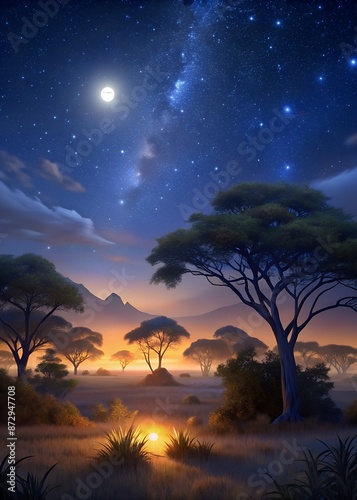 night landscape, safari landscape illuminated by the risen and shining moon