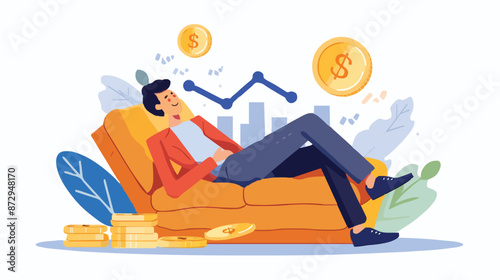 Passive income and market investing flat vector illustration. Investor man relax in chair and get money profits