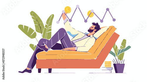 Passive income and market investing flat vector illustration. Investor man relax in chair and get money profits