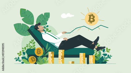 Passive income and market investing flat vector illustration. Investor man relax in chair and get money profits