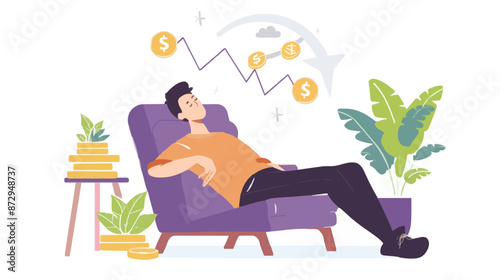 Passive income and market investing flat vector illustration. Investor man relax in chair and get money profits
