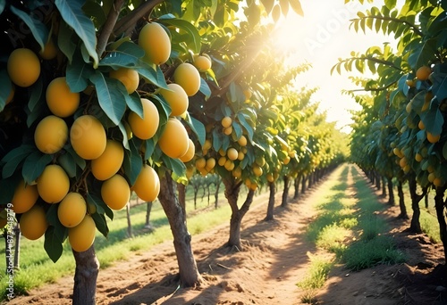 Sun-drenched Vineyard,vibrant clusters of ripe mango hang from the vines