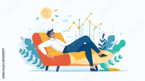 Passive income and market investing flat vector illustration. Investor man relax in chair and get money profits