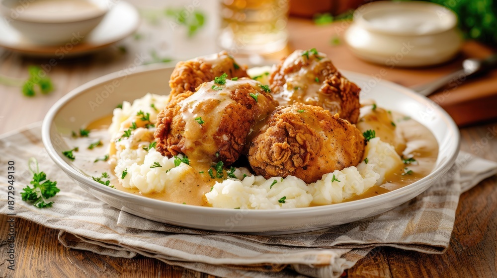 Plate of fried chicken with mashed potatoes and gravy on a rustic table Plate of fried chicken with mashed potatoes and gravy on a rustic table