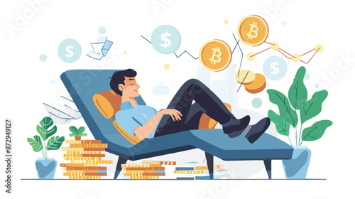 Passive income and market investing flat vector illustration. Investor man relax in chair and get money profits
