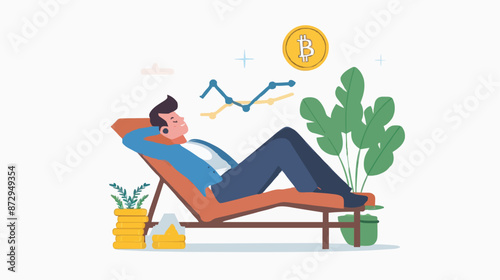 Passive income and market investing flat vector illustration. Investor man relax in chair and get money profits