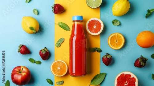 Bottle of Fresh Juice with Assorted Fruits on Colorful Background photo