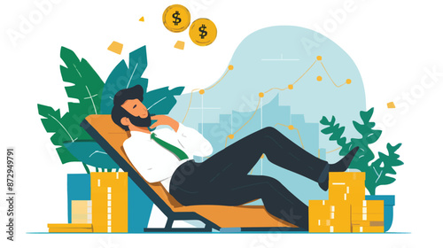 Passive income and market investing flat vector illustration. Investor man relax in chair and get money profits