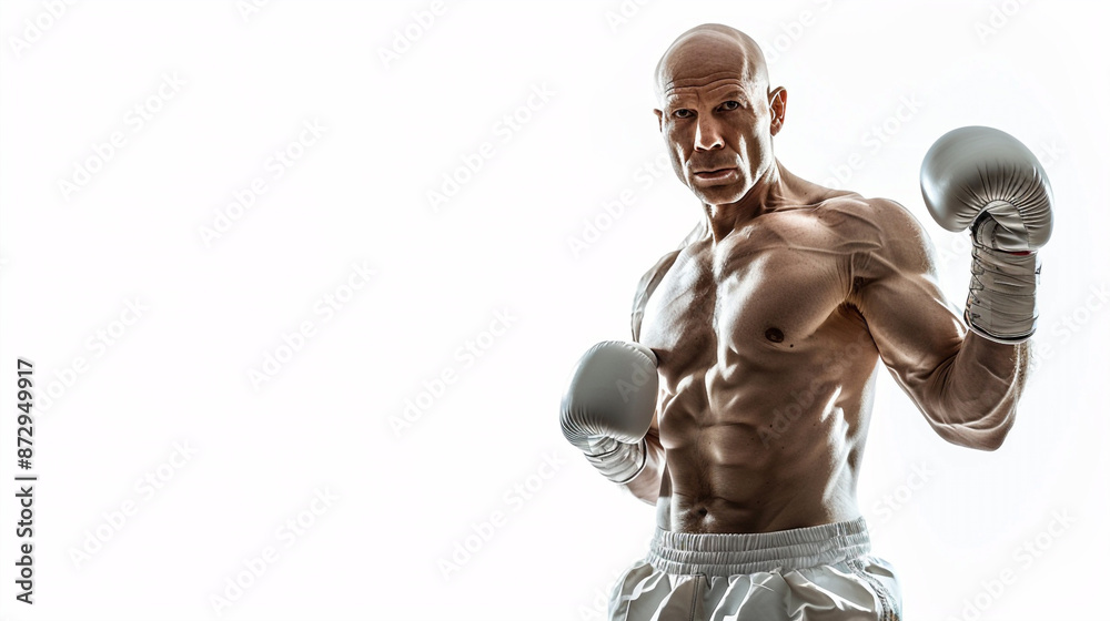 A white caucasian bald american male boxer with athletic body and white boxing gloves standing ready to fight. isolated on white background A white caucasian bald american male boxer with athletic body and white boxing gloves standing ready to fight. isolated on white background
