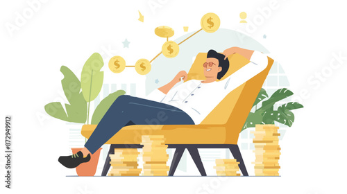 Passive income and market investing flat vector illustration. Investor man relax in chair and get money profits