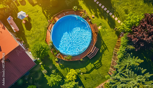 Above ground swimming pool on grass in backyard