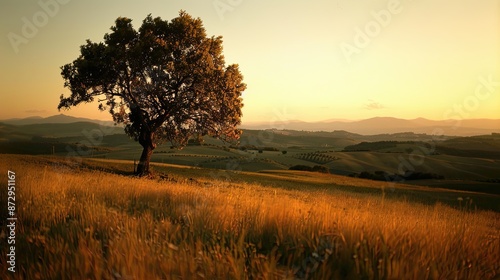 Rolling Green Hills with Blooming Wildflowers and Trees in a Serene Countryside Landscape at Sunrise in Spring