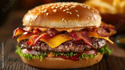 Classic bacon cheeseburger crispy bacon, melted cheese, and fresh toppings