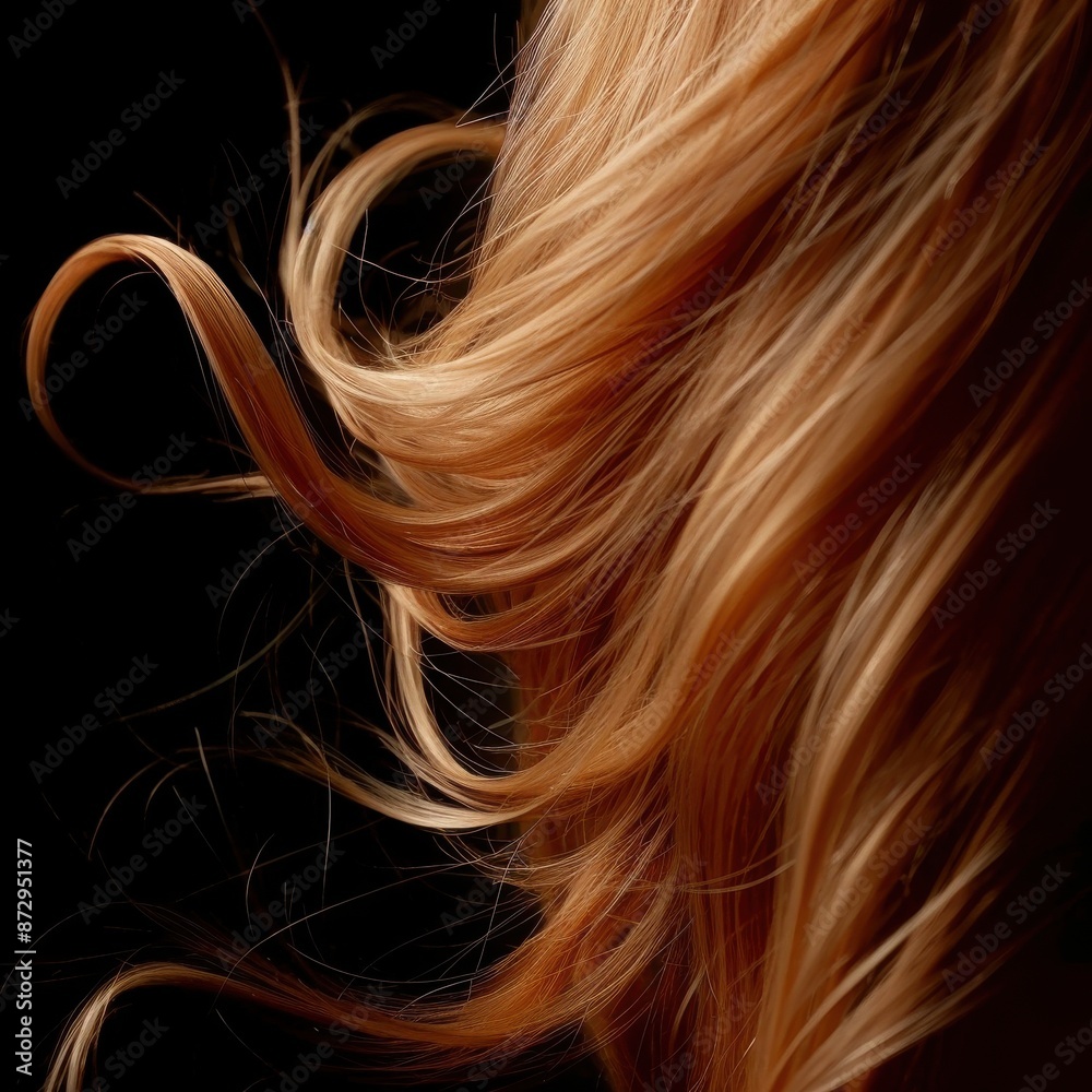 Naklejka premium Close-up of wavy blonde hair against a dark background, showcasing the texture and color in a dramatic lighting setting.