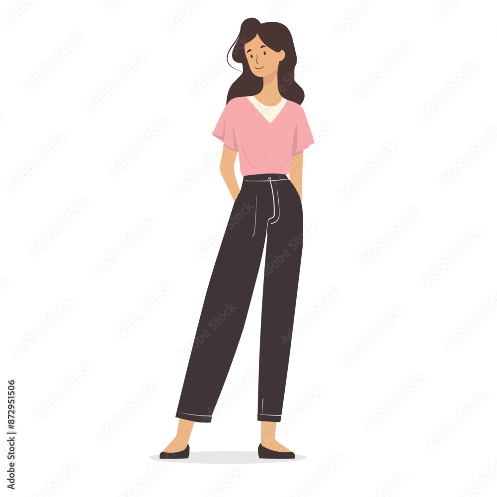 A woman stands and smiles, a simple illustration of a person, a flat image, isolated on a white background, one person A woman stands and smiles, a simple illustration of a person, a flat image, isolated on a white background, one person