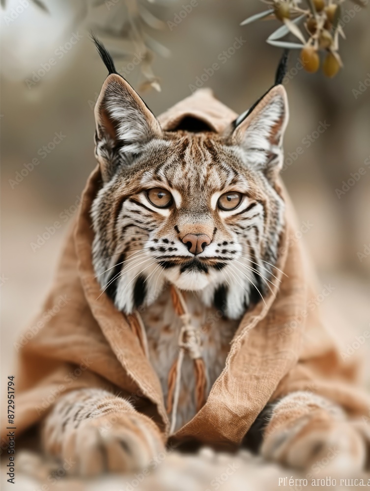 Iberian Lynx Adorned in Flamenco Dress Amidst Spanish Olive Grove Iberian Lynx Adorned in Flamenco Dress Amidst Spanish Olive Grove