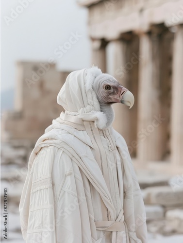 Majestic Griffon Vulture in Tsolias Costume Amid Ancient Greek Ruins photo