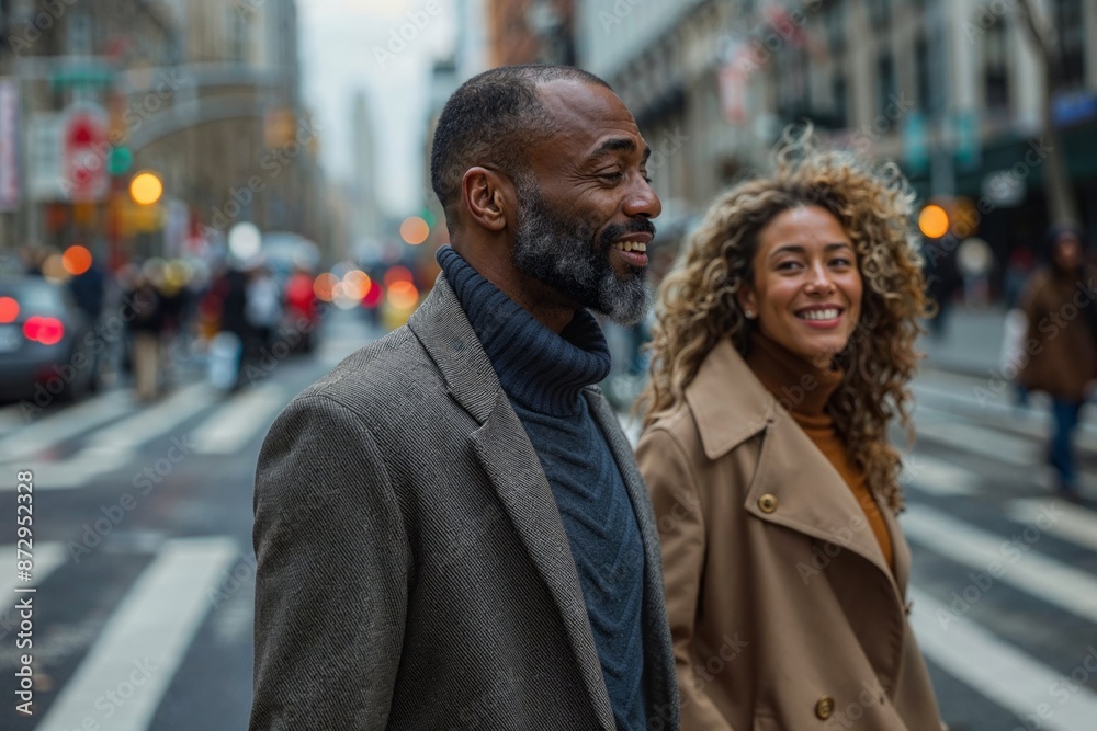 Smiling Couple Walking Together in the City Street