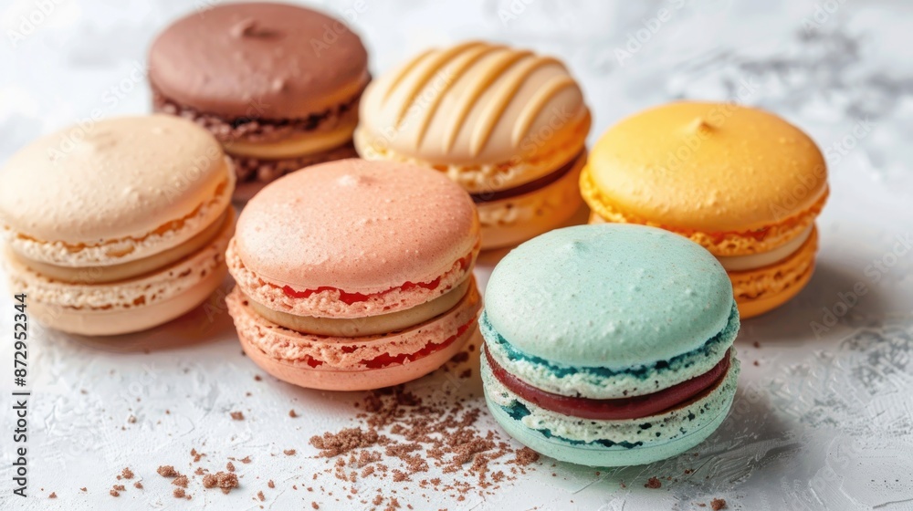 Colorful macarons arranged on a marble surface. French macarons in various flavors and colors. Sweet treat, dessert, bakery, pastry shop concept Colorful macarons arranged on a marble surface. French macarons in various flavors and colors. Sweet treat, dessert, bakery, pastry shop concept