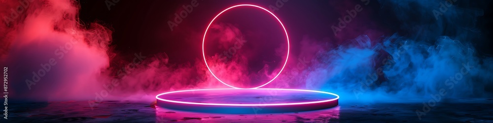 Neon lights and smoke in a dark room, abstract podium, glowing round frame, vibrant blue, pink, red tones, perfect for product presentation. Neon lights and smoke in a dark room, abstract podium, glowing round frame, vibrant blue, pink, red tones, perfect for product presentation.