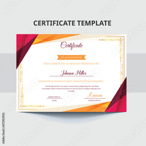 Modern Certificate of achievement abstract template design with dark red and golden shapes. Horizontal certificate for award, business, and education needs