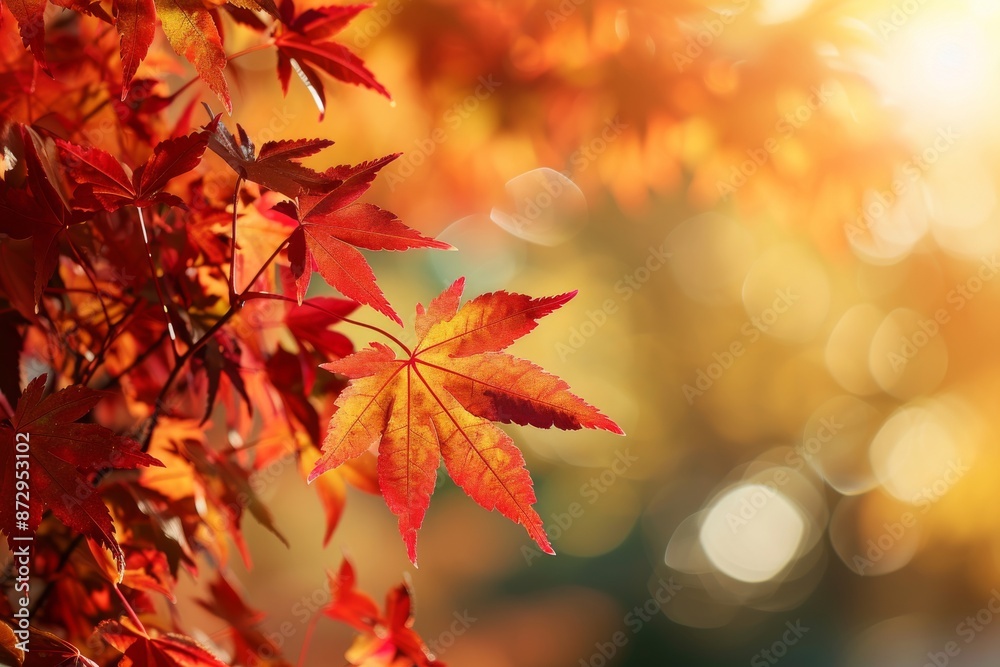 web banner design for autumn season and end year activity with red and yellow maple leaves with soft focus light and bokeh background, AI generated