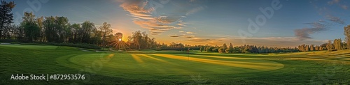 Panoramic View of a Golf Course at Sunset With Trees and Water