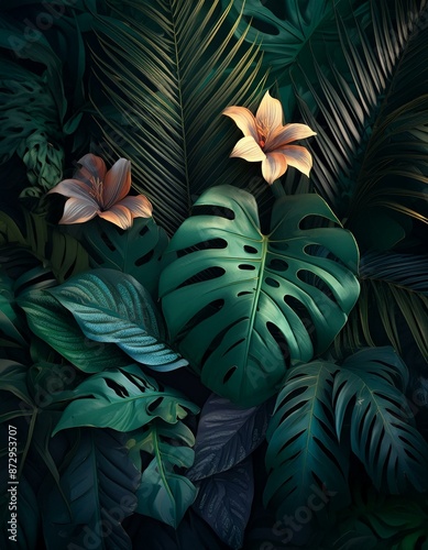 Background with abstract patterns of foliage and lush flowers
