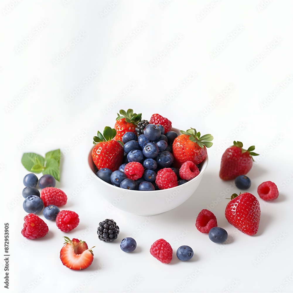 A strawberries and blueberries in white bowl A strawberries and blueberries in white bowl