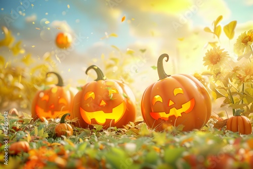 3D render of A pumpkin patch with smiling pumpkins on a pastel buttercream background, no peaple