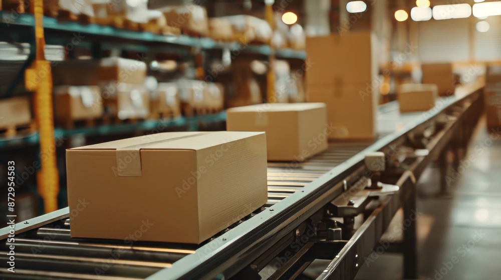 Closeup of cardboard boxes moving on a conveyor belt in a warehouse fulfillment center, e-commerce delivery automation in action, streamlined logistics and efficient product distribution