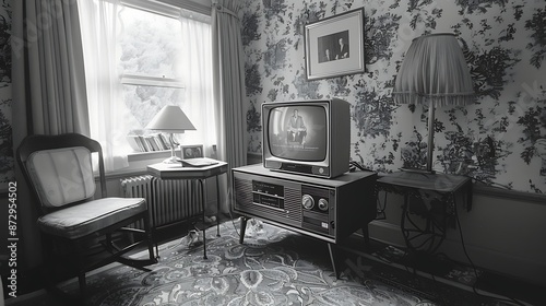 A black-and-white mid-20th century television set showing program photo