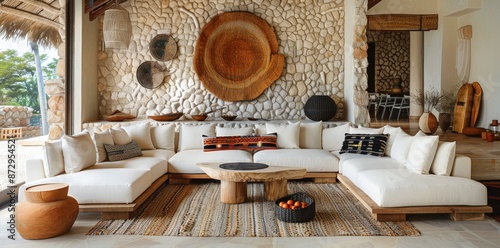 Modern Tropical Living Room Interior Design With Stone Wall and Sectional Sofa